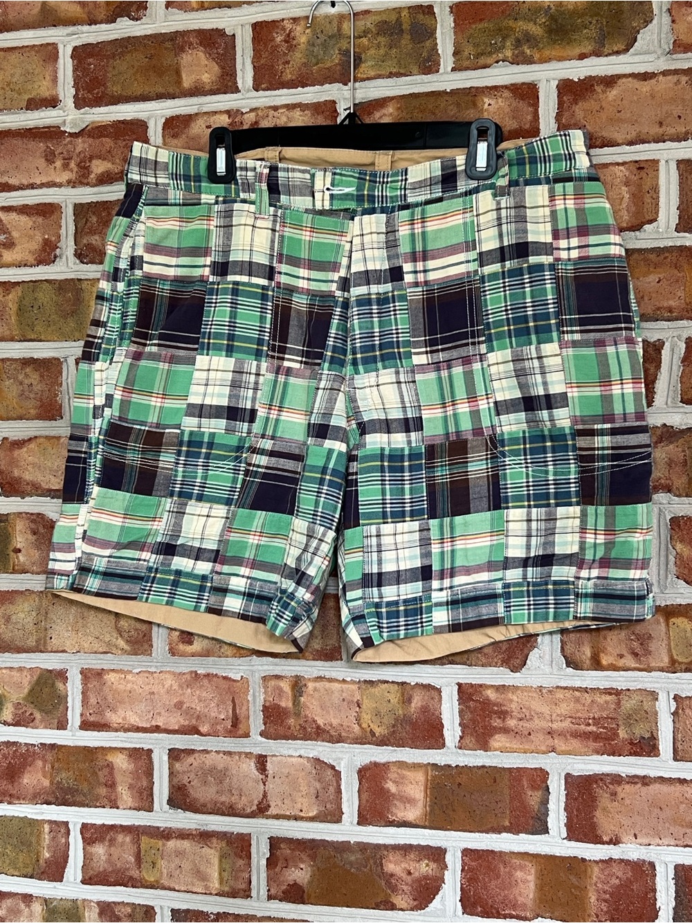 Vintage Men's Patchwork Plaid and tan reversible Shorts in Green and Navy. Sz 36